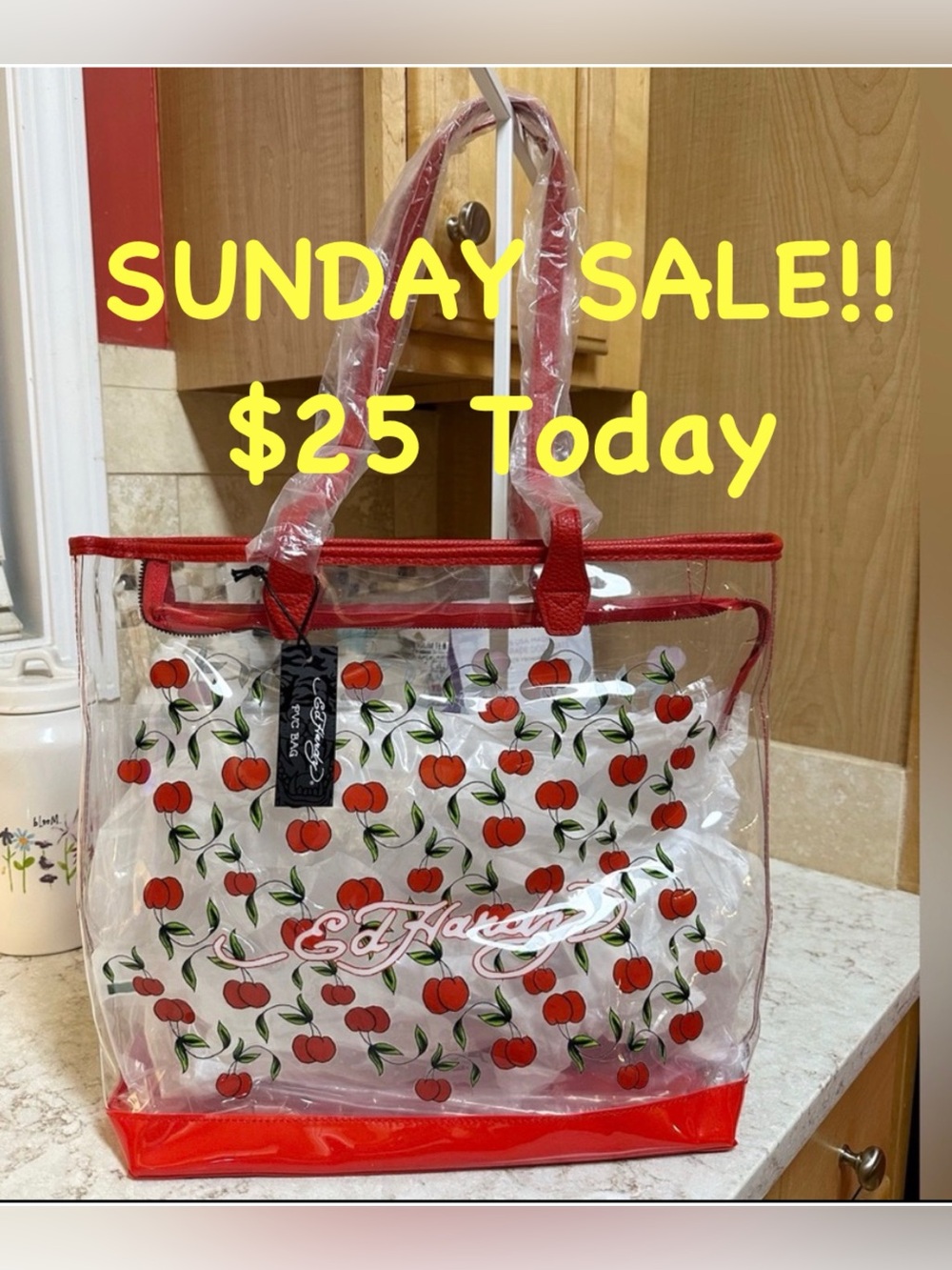 SUNDAY SALE $25 TODAY ONLY! Hardy Cherry Print Clear PVC Tote Bag, NEW WITH TAG